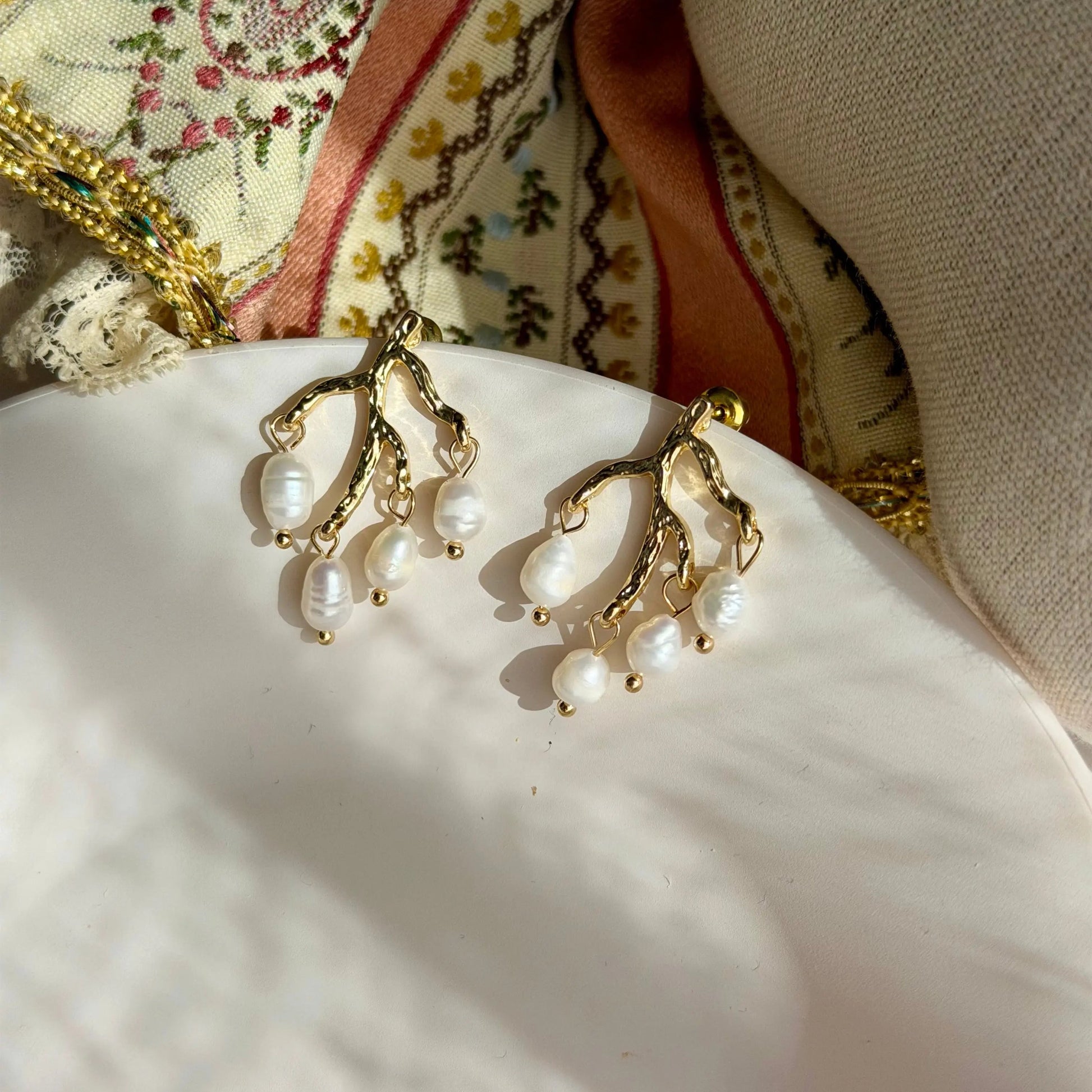 Natural Freshwater Pearl Stud Earrings S925 Gold — pair shown together on flat lay