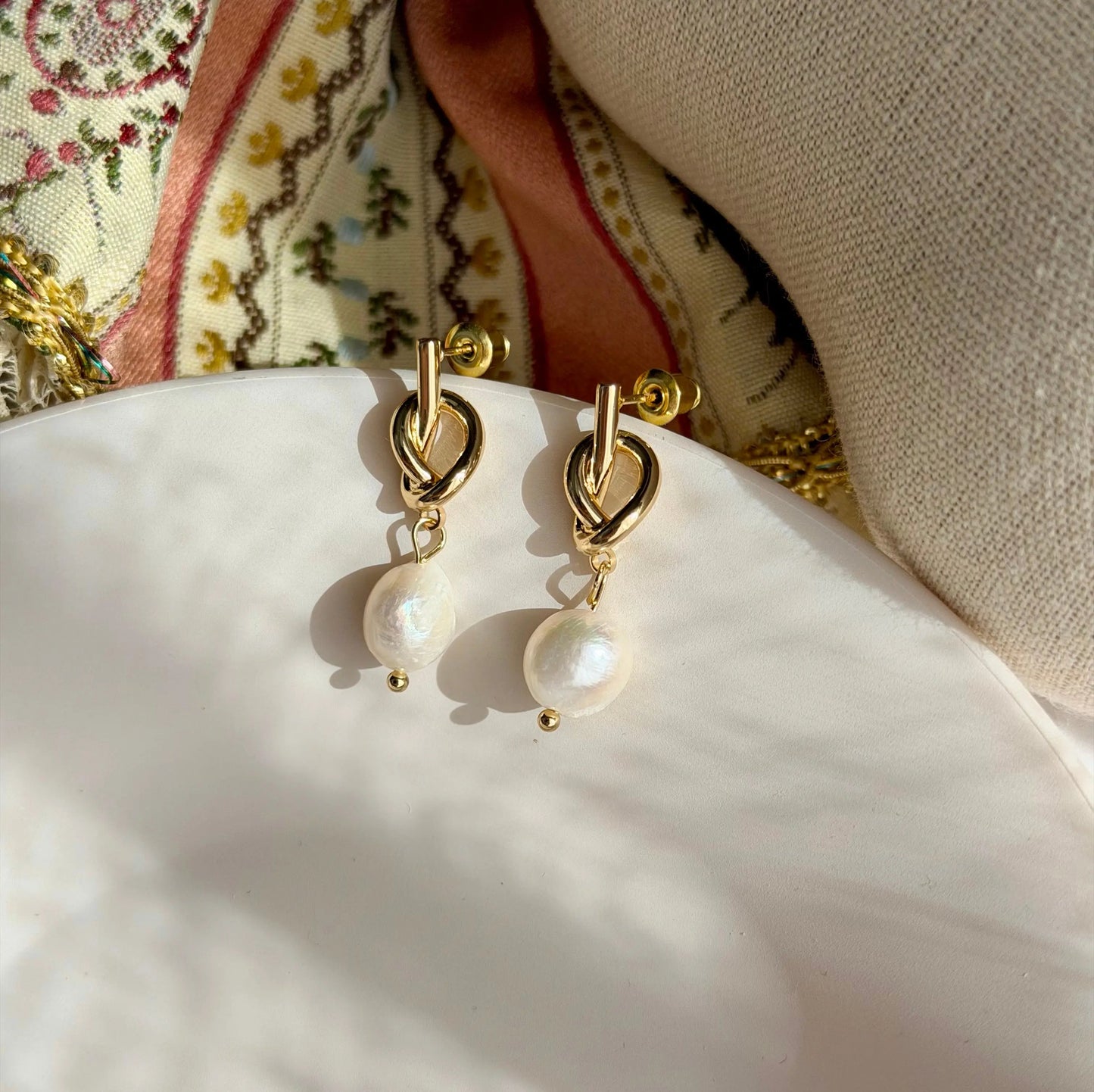 Freshwater Pearl Ivy Vine Drop Earrings Gold Tone — worn on model, side profile