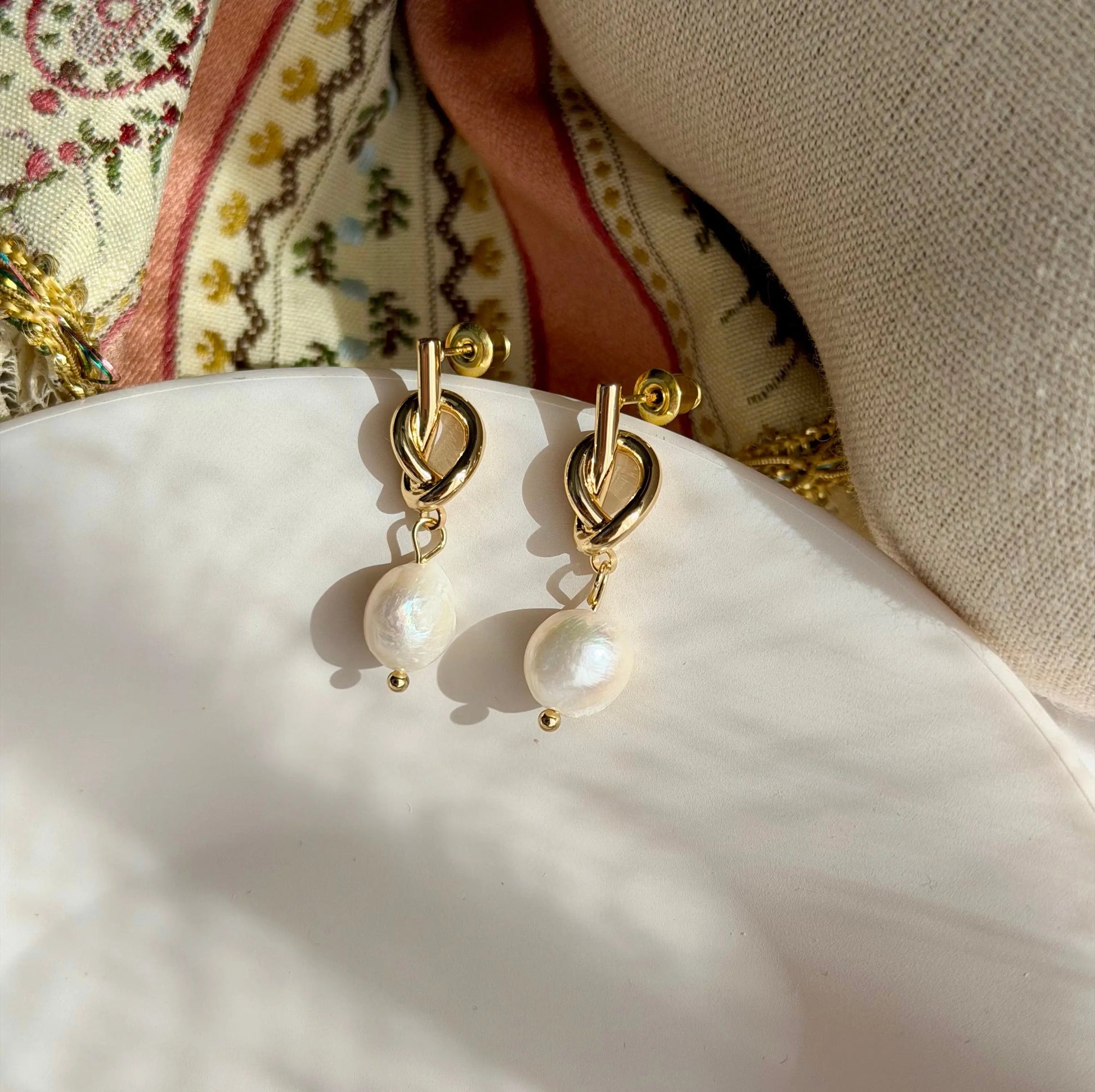 Freshwater Pearl Ivy Vine Drop Earrings Gold Tone — worn on model, side profile