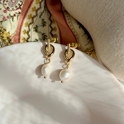 Freshwater Pearl Ivy Vine Drop Earrings Gold Tone — worn on model, side profile