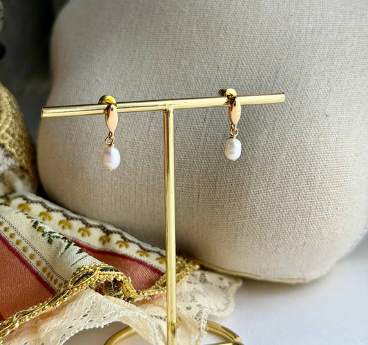 Freshwater Pearl Leaf Drop Earrings 14K Gold S925 on neutral background — front view