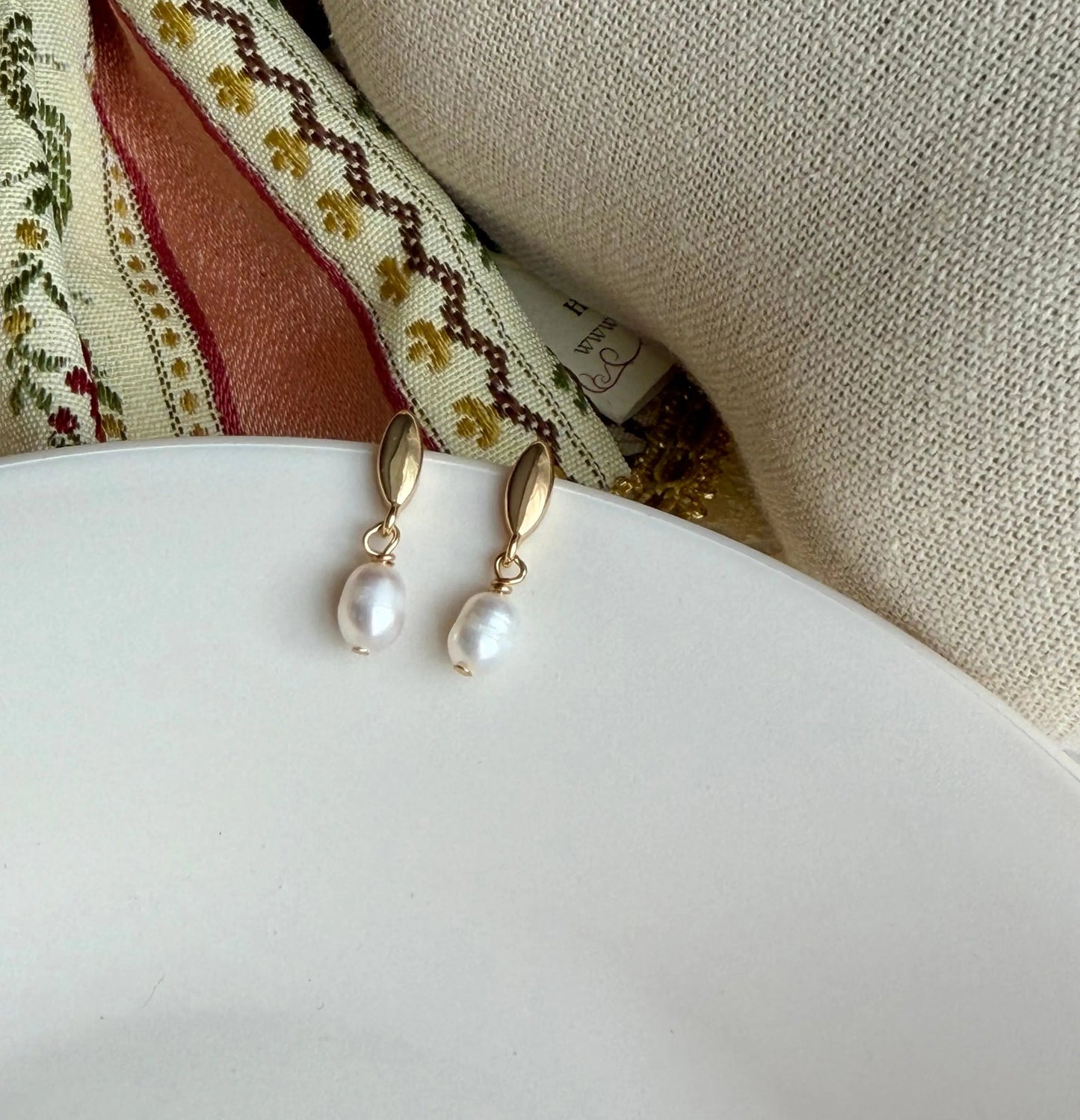 Freshwater Pearl Leaf Drop Earrings 14K Gold S925 — worn on model, side profile