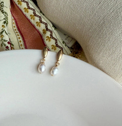 Freshwater Pearl Leaf Drop Earrings 14K Gold S925 — worn on model, side profile
