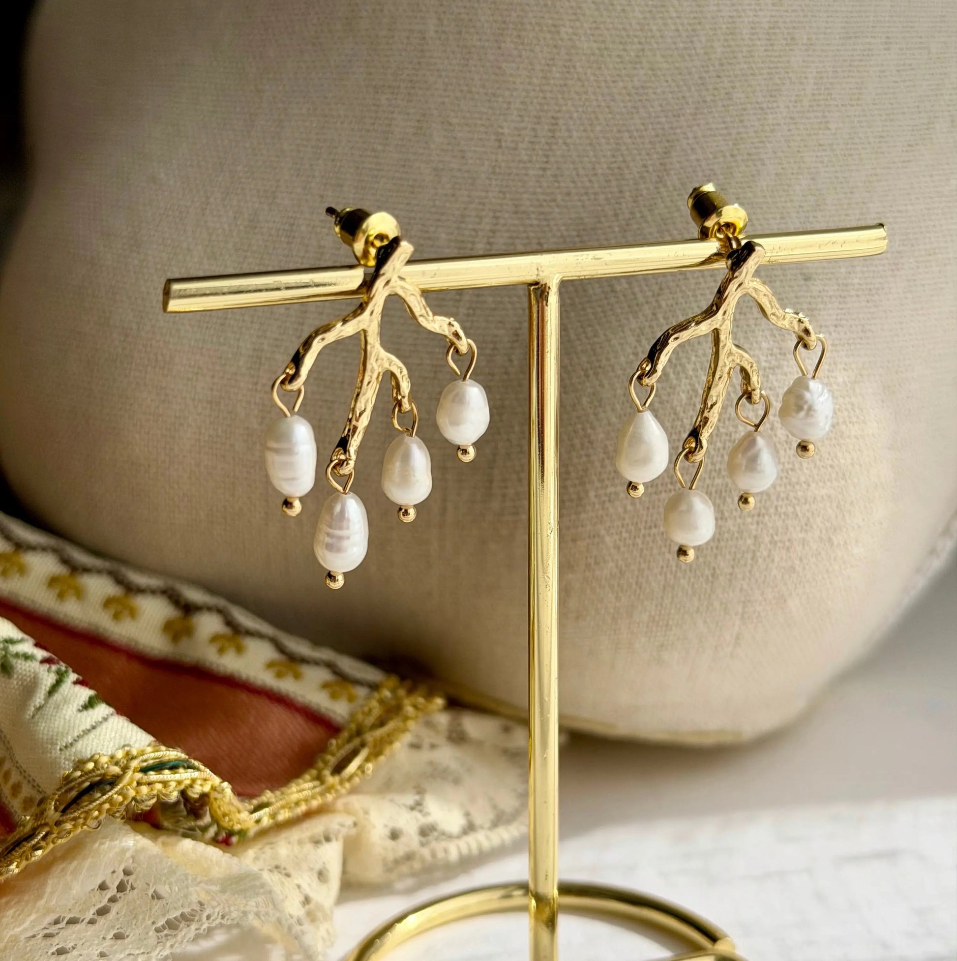 Natural Freshwater Pearl Stud Earrings S925 Gold on neutral background — front view