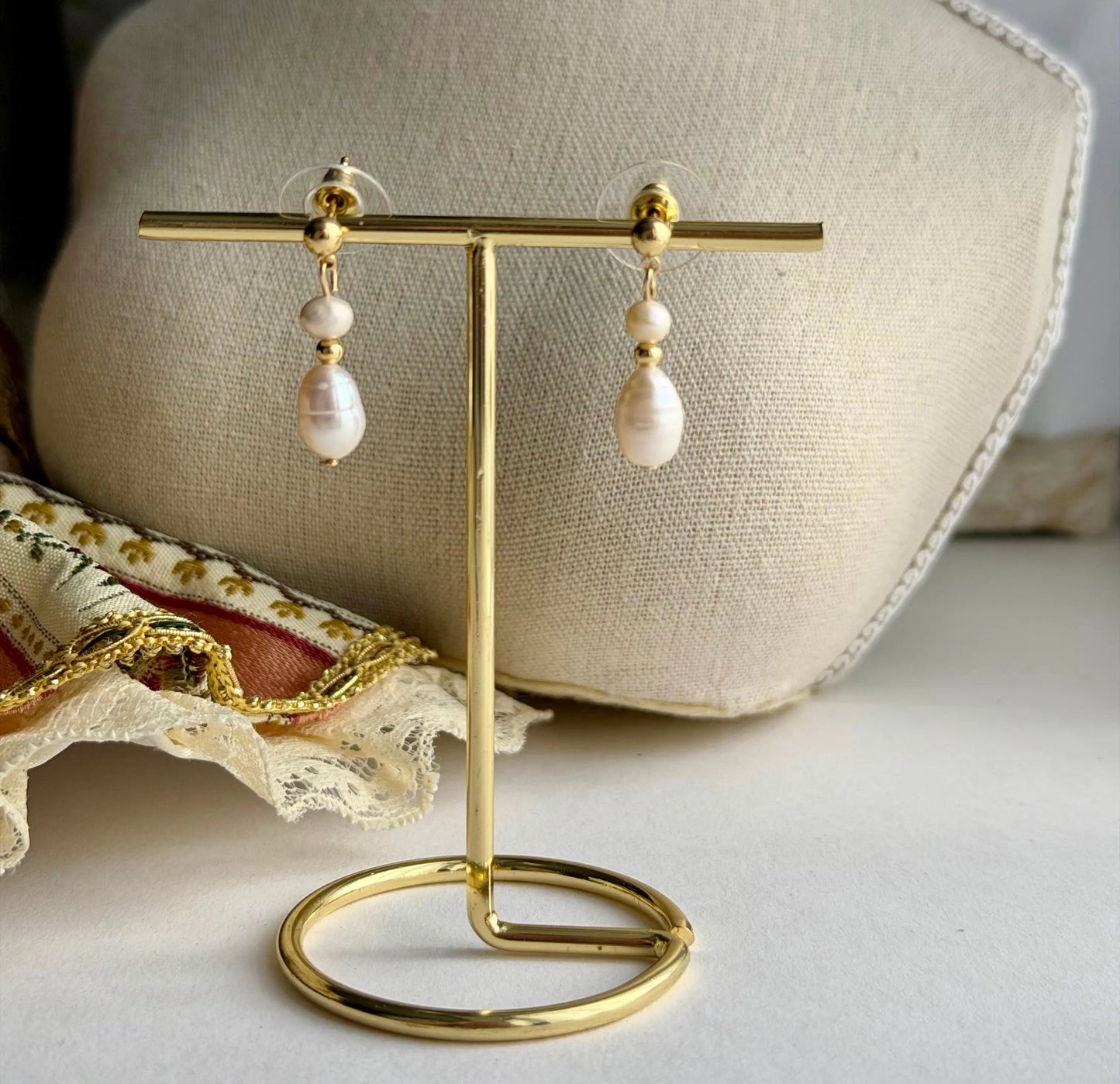 Freshwater Pearl Cluster Drop Earrings S925 Gold on neutral background — front view
