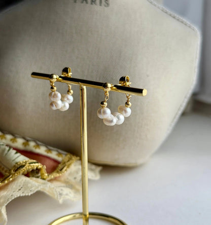 Freshwater Pearl Trio Stud Earrings S925 Silver — worn on model, side profile