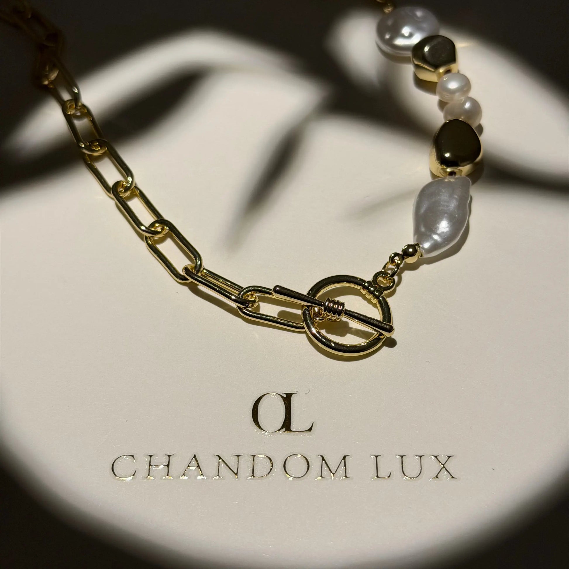 Freshwater Pearl Galaxy Pendant Necklace Gold Tone — detail of freshwater pearl
