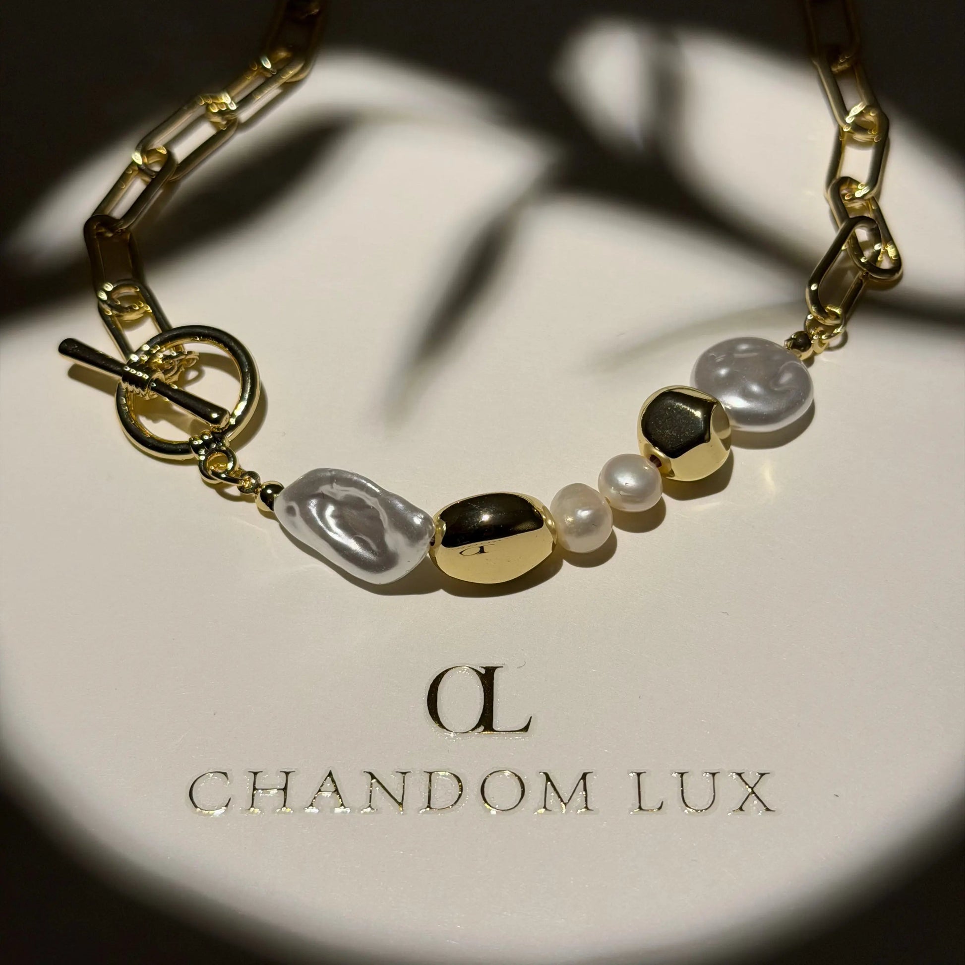 Freshwater Pearl Galaxy Pendant Necklace Gold Tone — side angle view