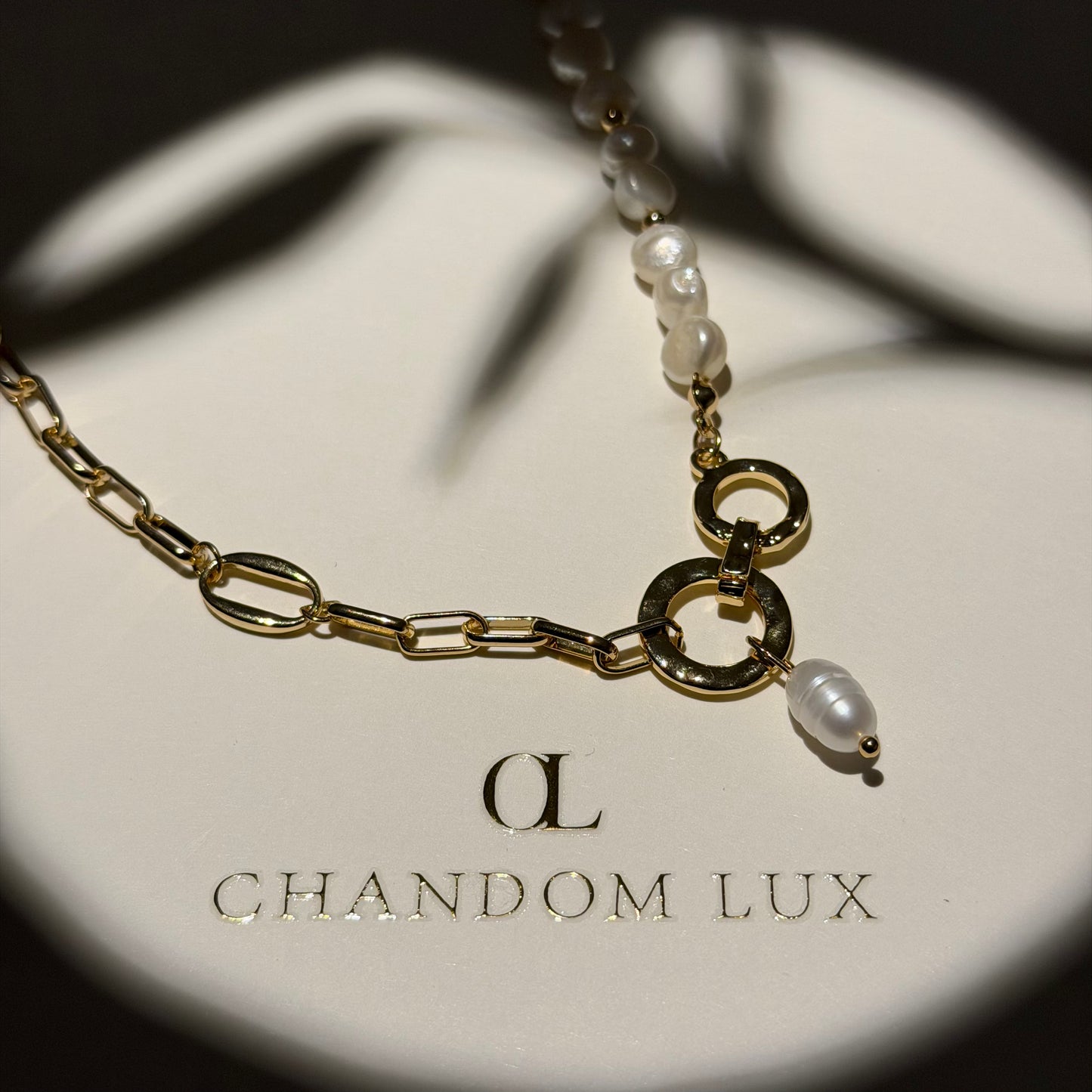 Freshwater Pearl Asymmetric Chain Necklace Gold — lifestyle shot