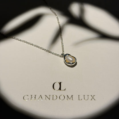 Freshwater Pearl Oval Pendant Necklace Silver Tone — side angle view