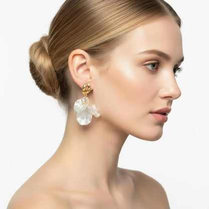 White Petal Flower Drop Earrings S925 Gold Bridal — pair shown together on flat lay