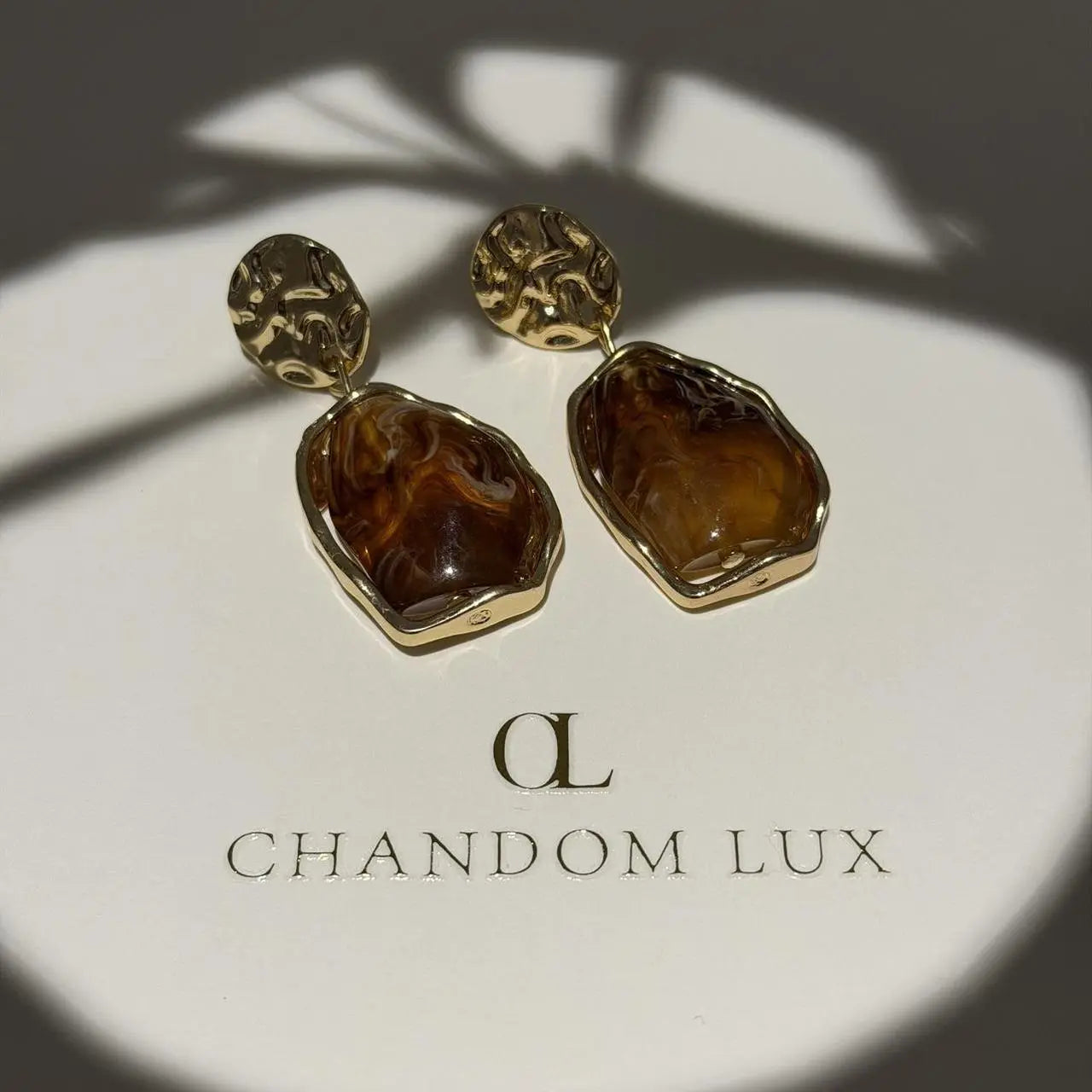 Amber Tortoiseshell Resin Drop Earrings S925 Gold on neutral background — front view