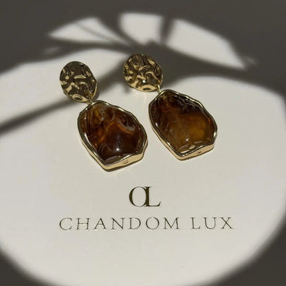 Amber Tortoiseshell Resin Drop Earrings S925 Gold on neutral background — front view