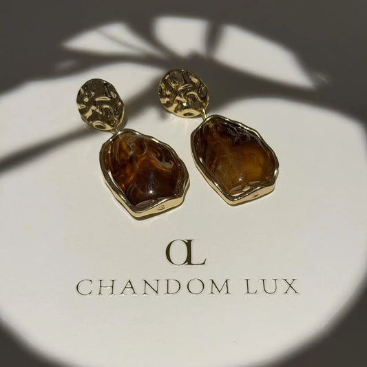 Amber Tortoiseshell Resin Drop Earrings S925 Gold on neutral background — front view