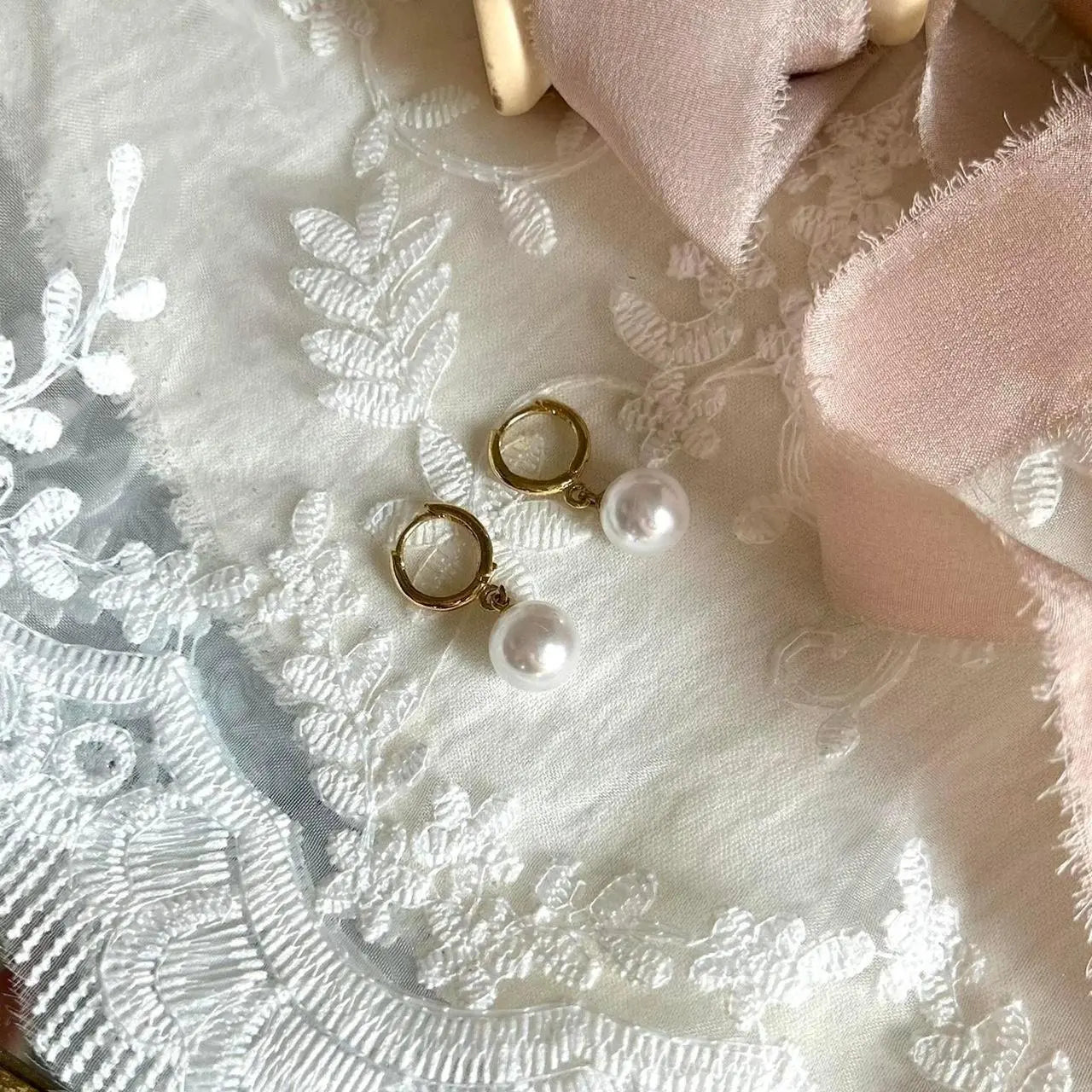 Pearl Drop Huggie Hoop Earrings S925 Silver Gold — pair shown together on flat lay