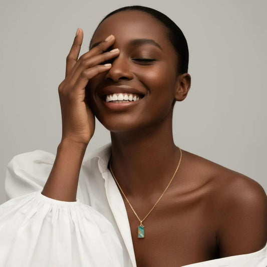 Abalone Shell Rectangle Pendant Necklace 18K Gold on neutral background — full length view