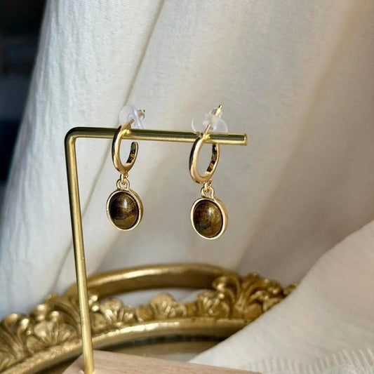 Natural Tiger Eye Huggie Hoop Drop Earrings S925 on neutral background — front view