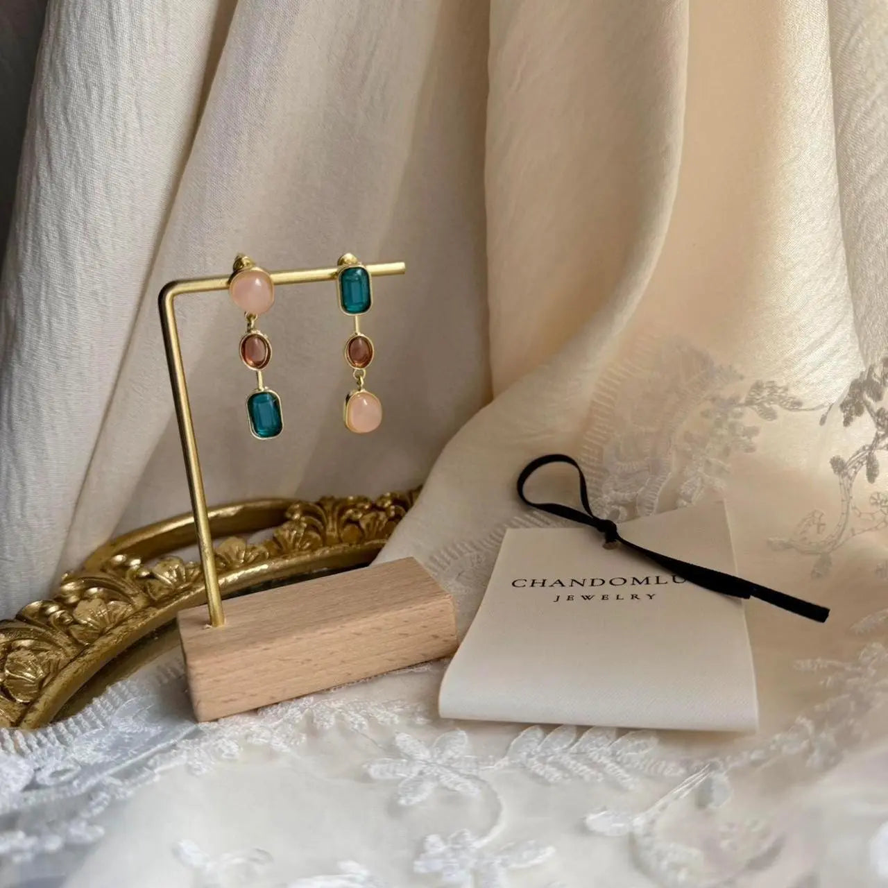 Asymmetric Triple Stone Cascade Drop Earrings S925 — styled with neutral outfit