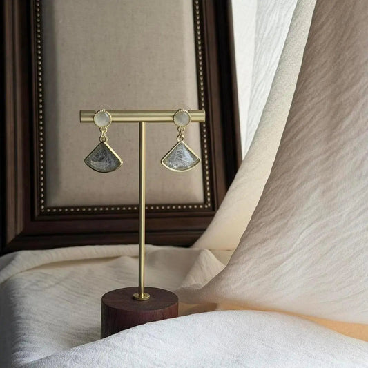 Pearl Stud & Fan Stone Drop Earrings S925 Gold Grey on neutral background — front view