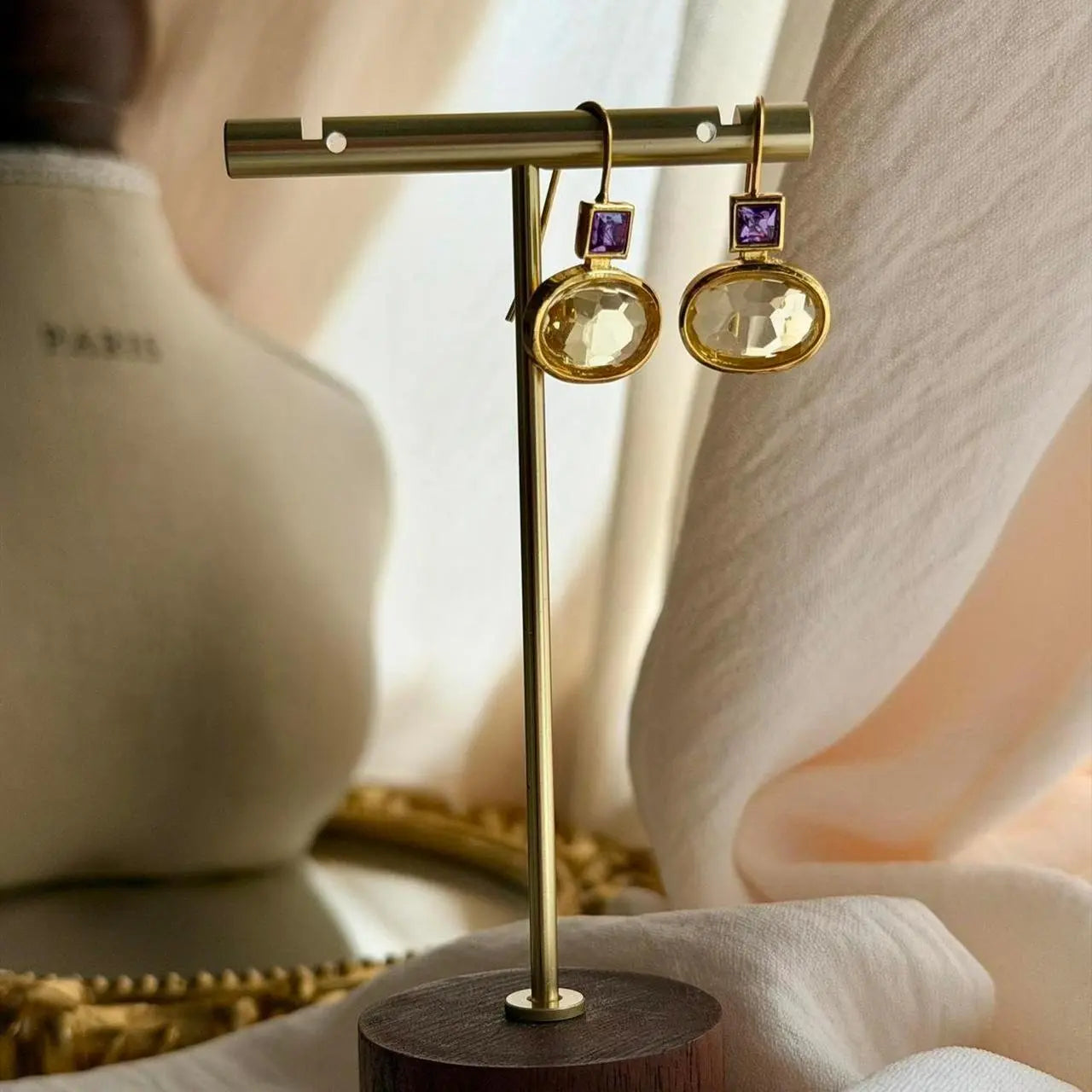 Amethyst & Crystal Square Drop Earrings Gold Tone — worn on model, side profile