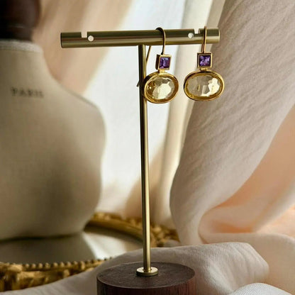 Amethyst & Crystal Square Drop Earrings Gold Tone — worn on model, side profile