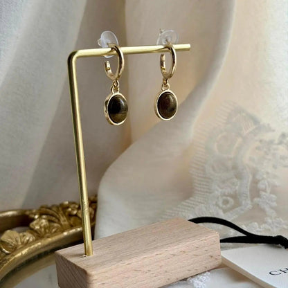 Natural Tiger Eye Huggie Hoop Drop Earrings S925 — close-up of pearl and post detail