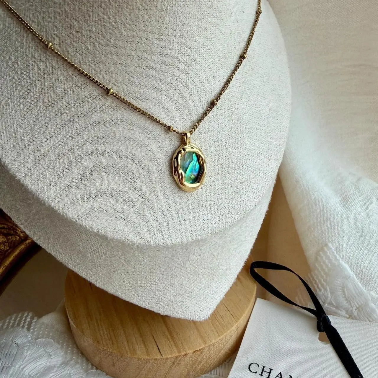 Abalone Shell Pendant Necklace Gold Satellite Chain — pendant close-up detail