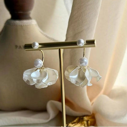 White Petal Flower Drop Earrings S925 Pearl Bridal — worn on model, side profile