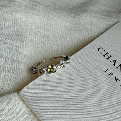 Olive Green Stone Crystal Cluster Ring Silver Open — side profile showing band width