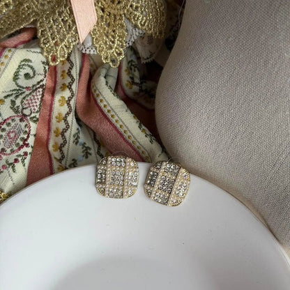 Tweed Crystal & Pearl Square Stud Earrings S925 Gold — worn on model, side profile