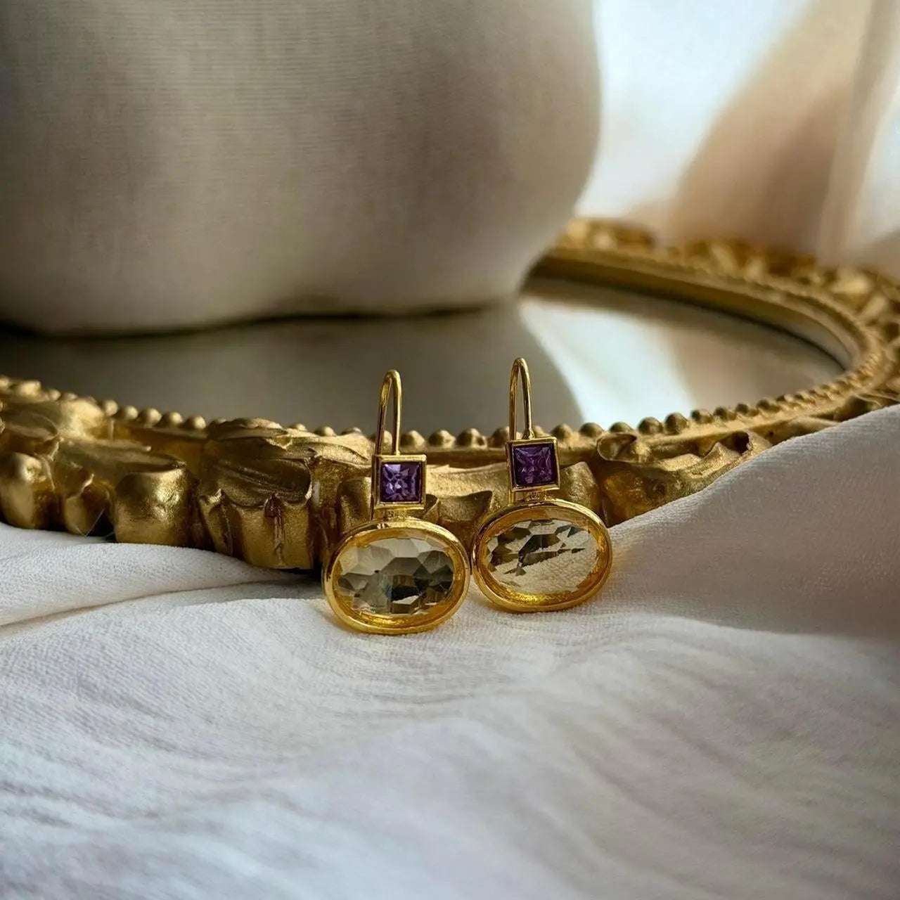 Amethyst & Crystal Square Drop Earrings Gold Tone — pair shown together on flat lay