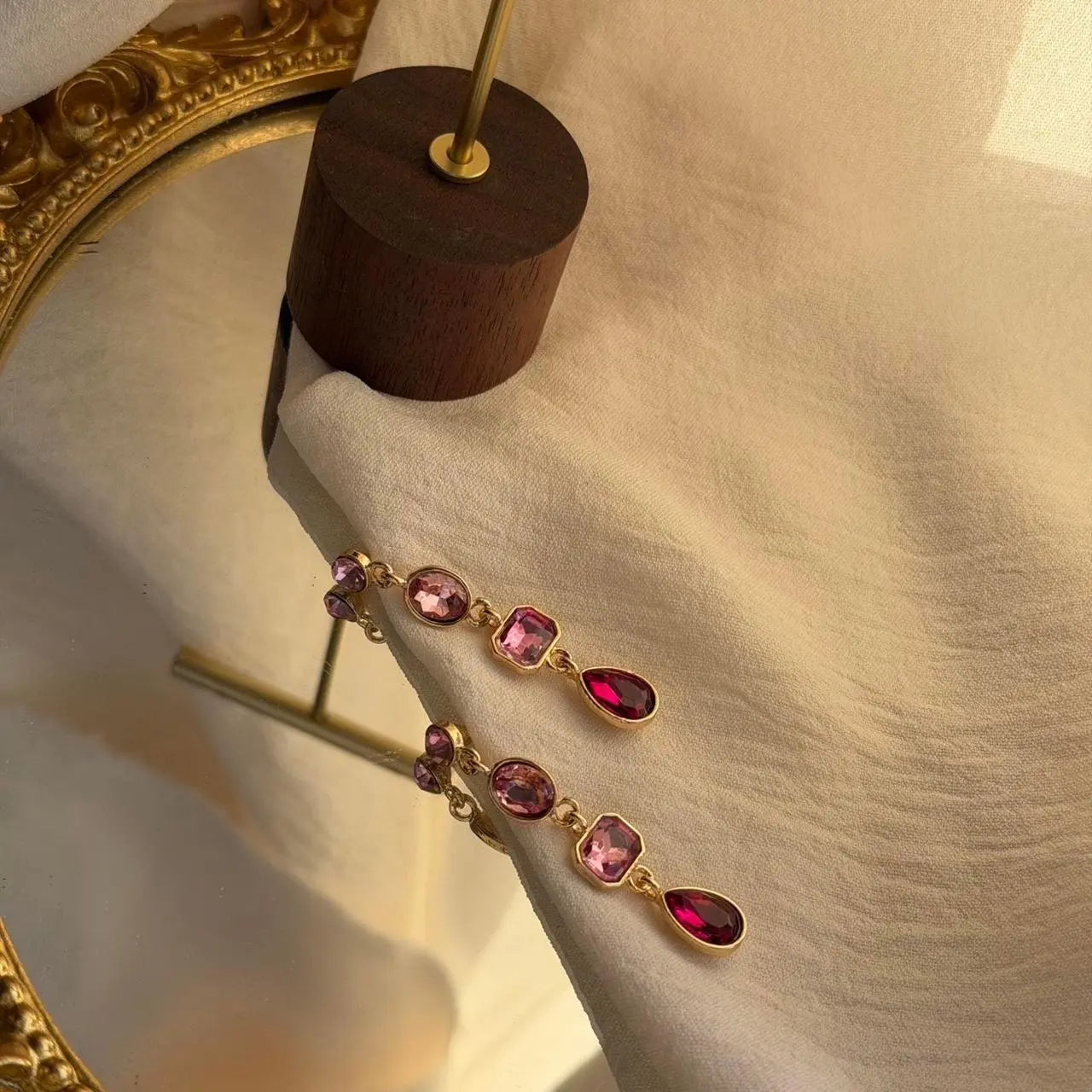 Pink Ombre Crystal Triple Cascade Drop Earrings Gold — pair shown together on flat lay