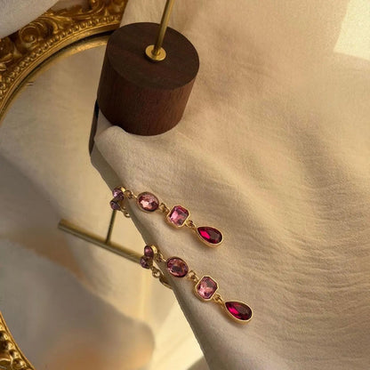 Pink Ombre Crystal Triple Cascade Drop Earrings Gold — pair shown together on flat lay