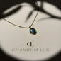 Abalone Shell Pendant Necklace Gold Satellite Chain on neutral background — full length view