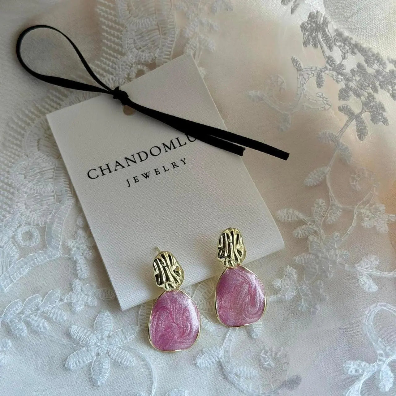 Blush Pink Resin Petal Drop Earrings S925 Gold Post — worn on model, side profile