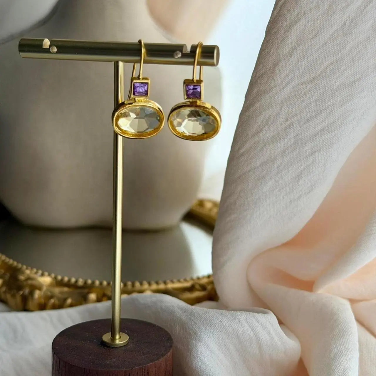 Amethyst & Crystal Square Drop Earrings Gold Tone — styled with neutral outfit