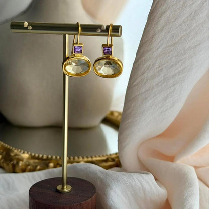 Amethyst & Crystal Square Drop Earrings Gold Tone — styled with neutral outfit