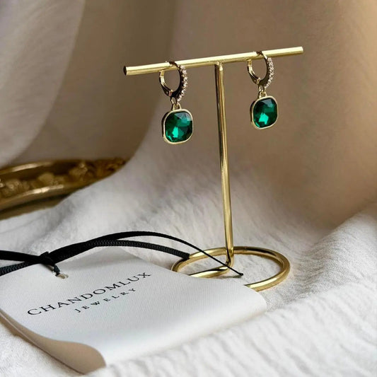 Emerald Green Cushion Crystal Drop Earrings Gold on neutral background — front view
