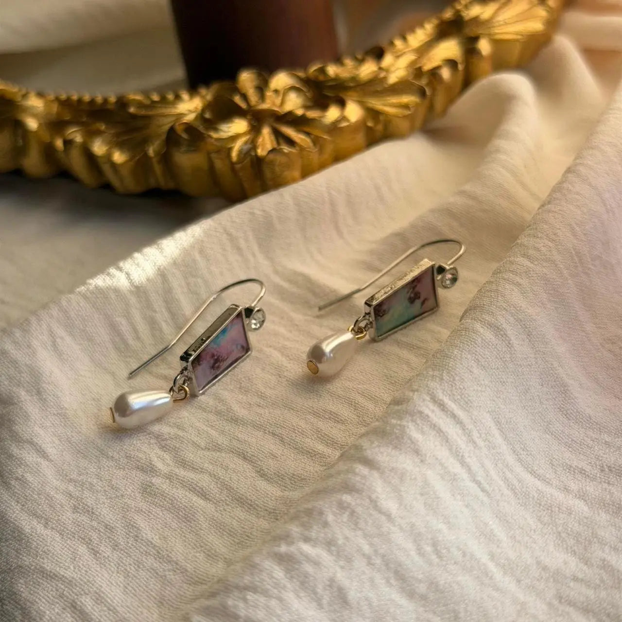 Floral Pearl Rectangle Drop Earrings Silver Tone — pair shown together on flat lay