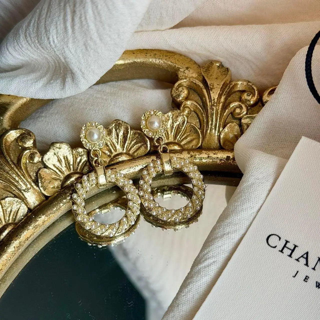 Pearl Encrusted Open Hoop Drop Earrings S925 Gold — close-up of pearl and post detail