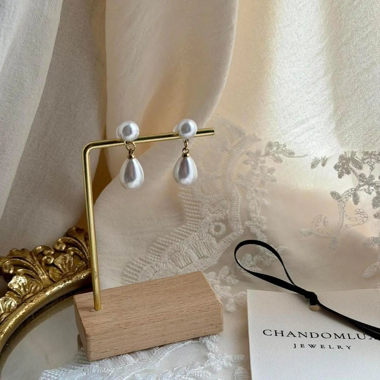 Pearl Stud & Teardrop Drop Earrings S925 Gold Bridal — close-up of pearl and post detail