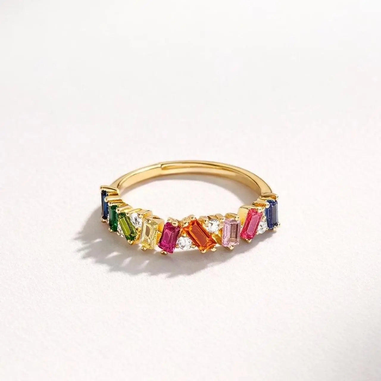 Rainbow Baguette Stone Eternity Ring Gold Women — close-up of gold tone