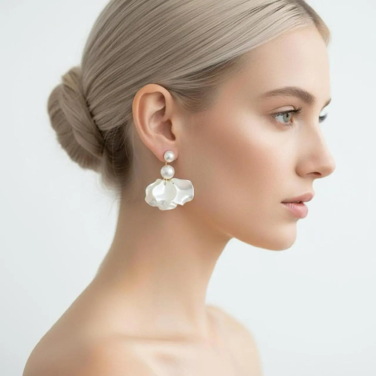 White Petal Flower Drop Earrings S925 Pearl Bridal on neutral background — front view