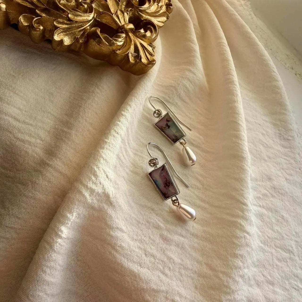Floral Pearl Rectangle Drop Earrings Silver Tone — close-up of pearl and post detail