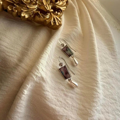 Floral Pearl Rectangle Drop Earrings Silver Tone — close-up of pearl and post detail