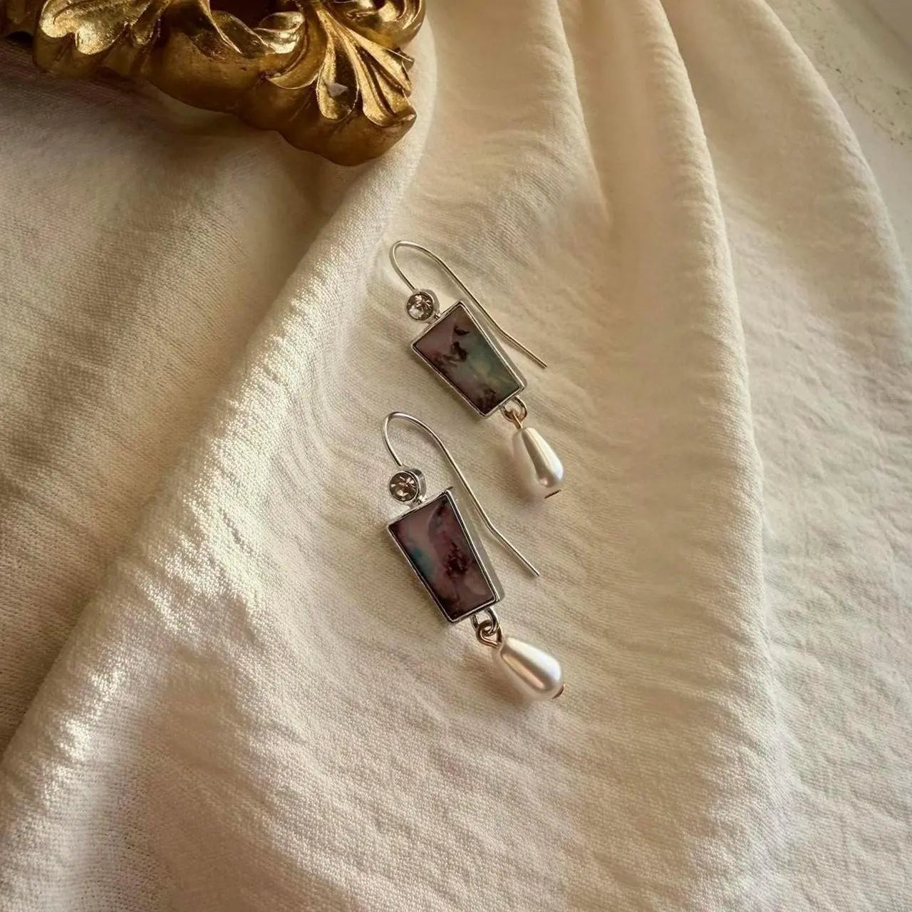 Floral Pearl Rectangle Drop Earrings Silver Tone — worn on model, side profile