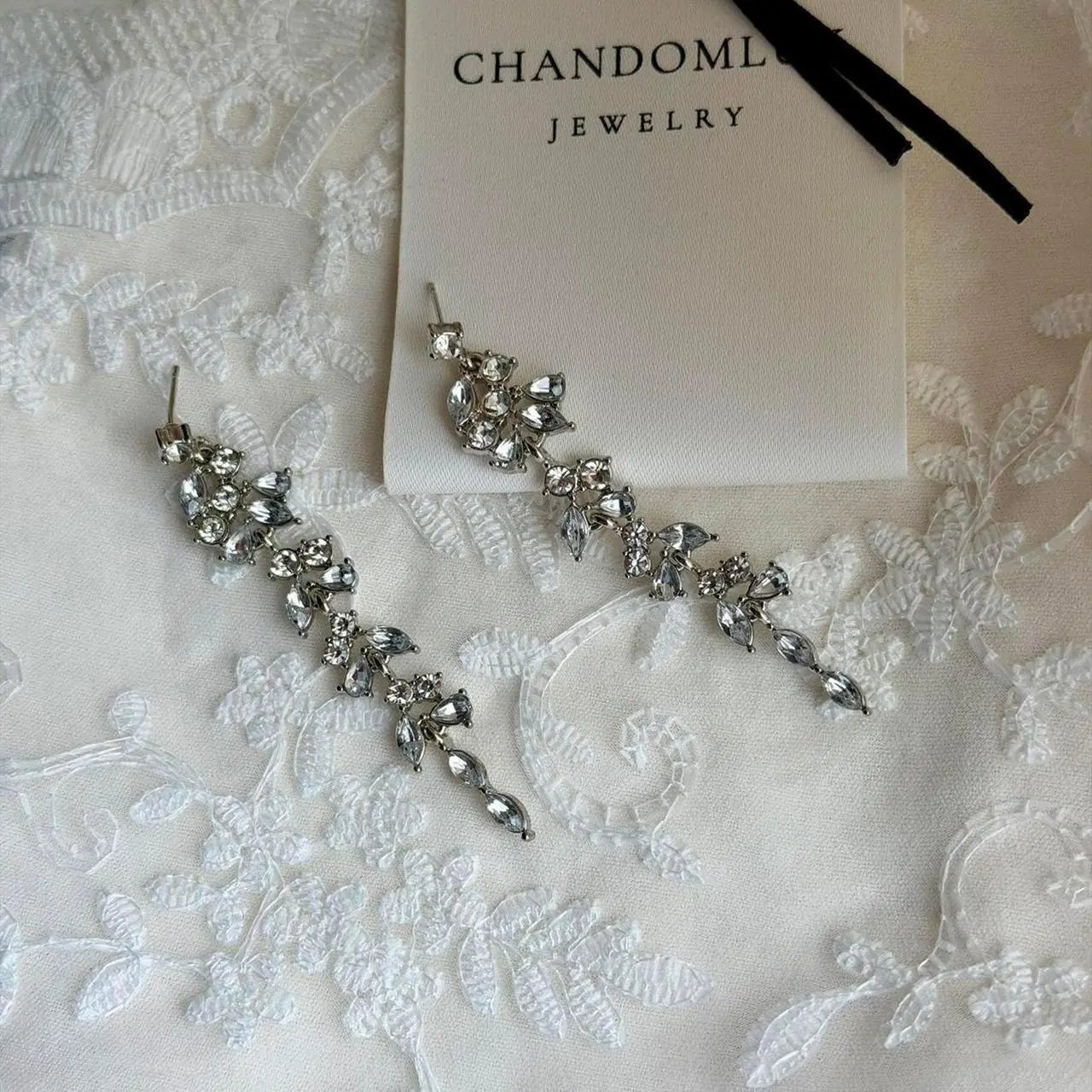 Crystal Vine Cascade Drop Earrings S925 Bridal — worn on model, side profile