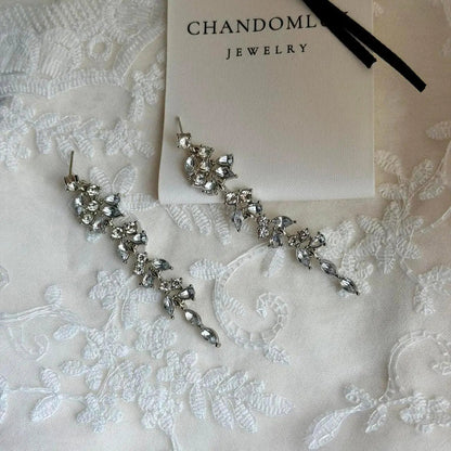 Crystal Vine Cascade Drop Earrings S925 Bridal — worn on model, side profile