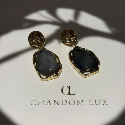 Smoky Grey Resin Drop Earrings S925 Gold Disc — pair shown together on flat lay