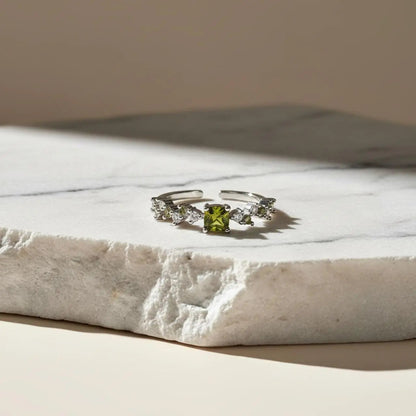 Olive Green Stone Crystal Cluster Ring Silver Open — worn on finger, angled view